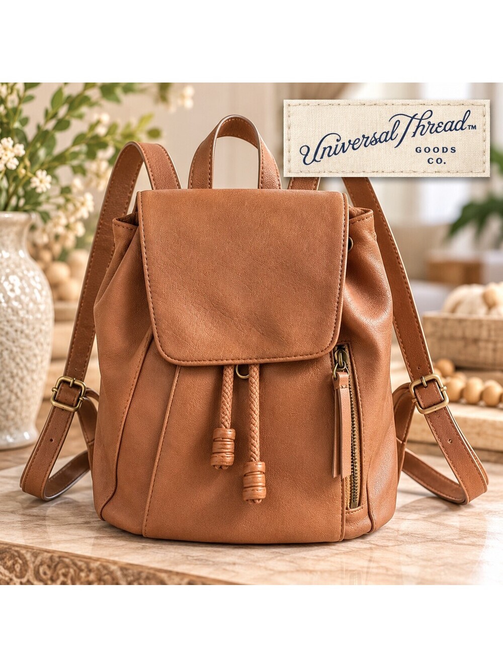 Universal Thread | Cognac Faux Leather Drawstring Flap Mini Backpack